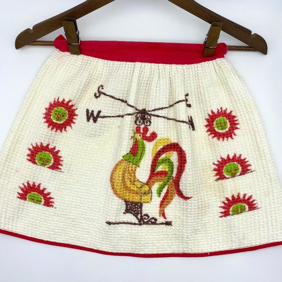 Vintage 1960s Handmade Half Apron with Rooster - Midcentury Red and White Apron - Picture 1 of 4
